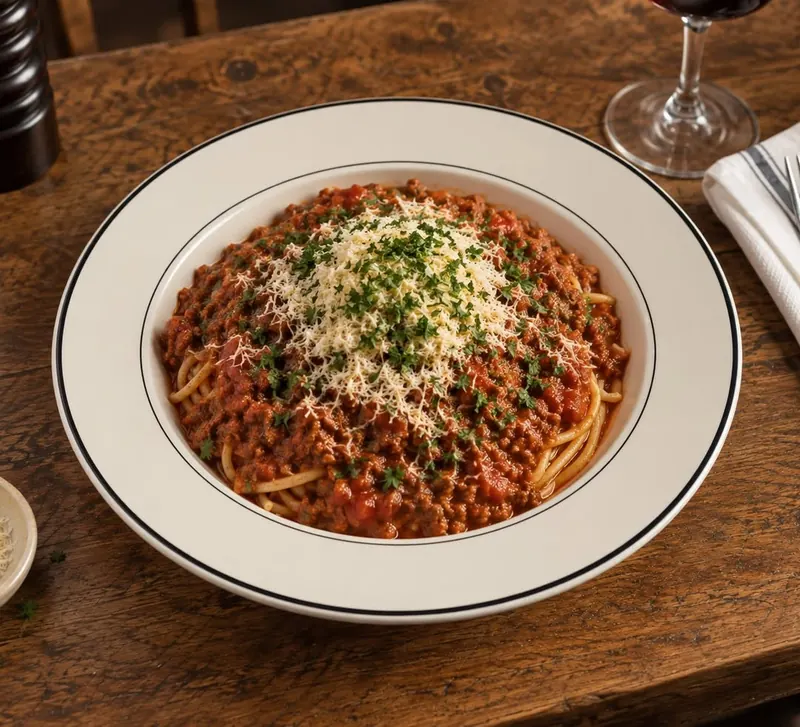 Bord spaghetti bolognese bij Café Copain